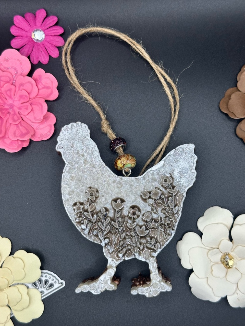 Rustic Decorative Chicken Car Freshie - White and Brown